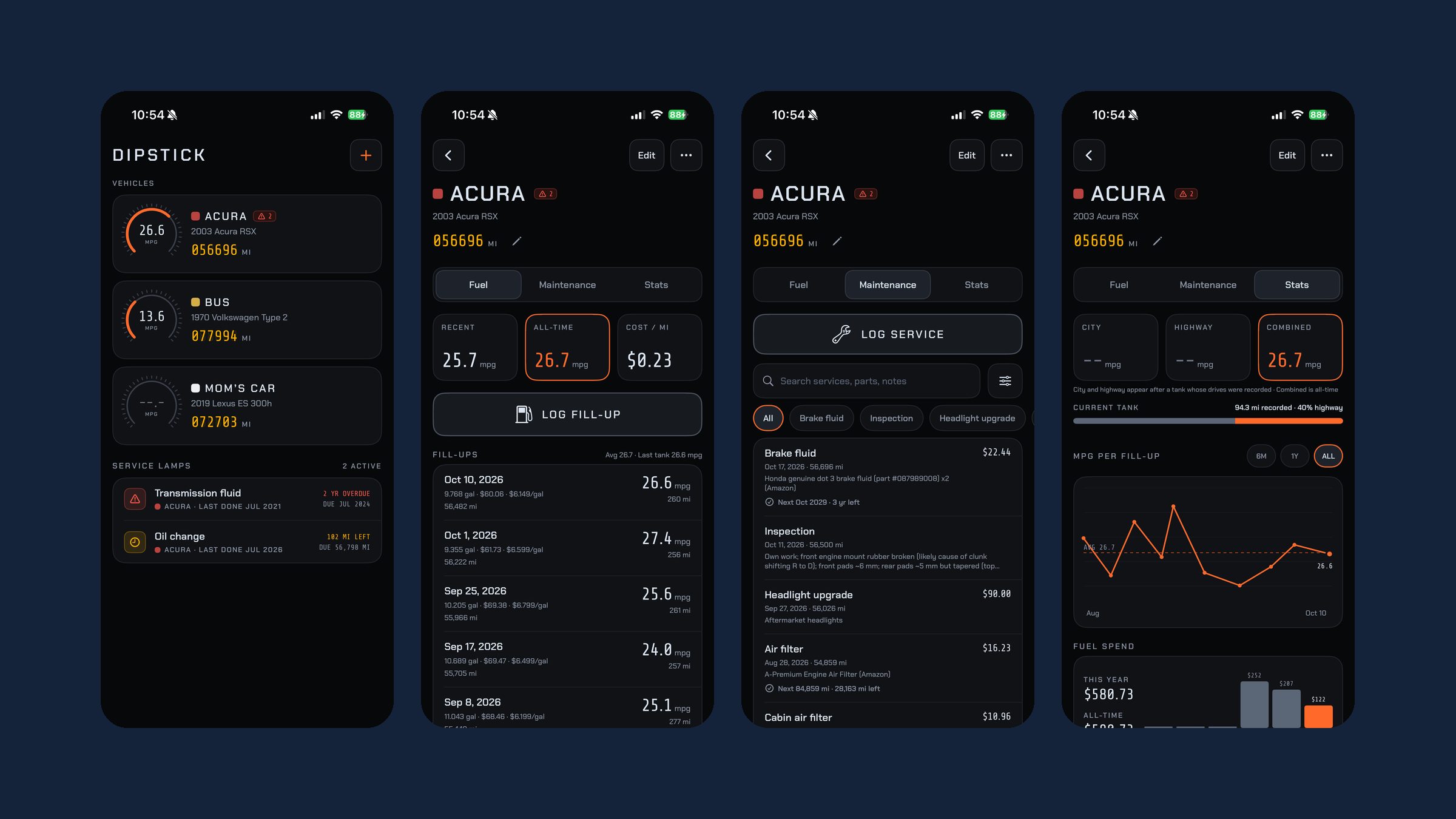 Four Dipstick screens: the home screen with three cars and service lamps, the fuel log, the maintenance log, and MPG stats